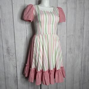 VTG Handmade Square Dance Dress, Pink & Green Stripes, Puff Sleeves, Ruffles , L